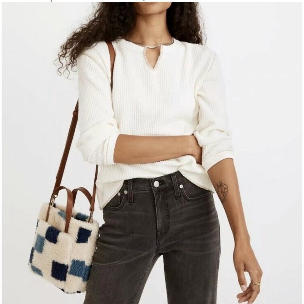 Madewell Ivory Waffle Knit Split-Neck Crop Tee Shirt Pullover Thermal Top